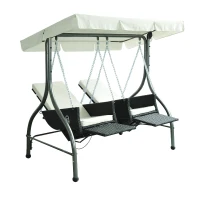 Outsunny Luxury Heavy-Duty Patio Swing Chair 2 Separated Seats Rattan Wicker Recliner Seat Garden Outdoor Canopy Cushion Steel, Black & Cream-white(m-5)