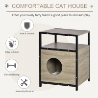 PawHut Wooden Cat House Kitten Condo Shelter Bed w/Soft Cushion Cat Litter Box Enclosure End Table Hideaway Cabinet Storage, Grey(m-4)