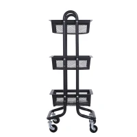 HOMCOM 3-Tier Rolling Cart Multifunction Utility Cart Storage Cart Trolley on Wheels with Mesh  Metal Basket Black(m-7)