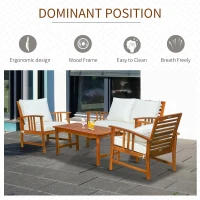 Outsunny 4 Piece Solid Acacia Wood Conversation Set Outdoor Patio Furniture Chat Set w/ Armchairs, Loveseat, Center Coffee Table & Cushions Teak/Cream(m-5)