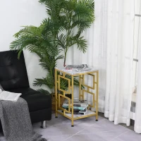 HOMCOM Modern Faux Marble Living Room Accent Side Table with Art-Deco Style Design & Strong Metal Frame, White&Gold(m-4)