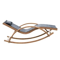 Outsunny Wooden Mesh Patio Rocking Chaise Lounge Outdoor Recliner Chair with Pillow – Black & Teak(m-5)