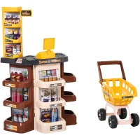 Qaba Kids Supermarket Playset with Shopping Cart Pretend Play Set Toys with Working Scanner & Credit Card Reader Play Toy Accessories Light & Sound for 3 to 6 Years Brown(m-1)