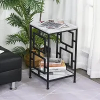 HOMCOM Modern End Table, Nightstand with Marble Textured Top, Sofa Side Table with Metal Frame for Living Room, Black(m-1)