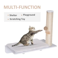 PawHut Wall-Mounted Cat Shelf W/ Scratching Post  Toy  Berber Fleece Mat Wood Kitten Climbing Tree(m-7)