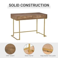 HOMCOM Modern Functional Computer Desk, Vanity Makeup Table with Two Drawers, Metal Frame, Wood Effect Top and Gold Leg for Bedroom, Office(m-6)
