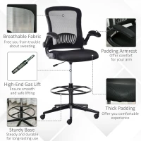 Vinsetto Tall Drafting Desk Chair Computer Desk Home Office Mesh Standing Chair with Mid Back, Foot Ring, Flip-up Arm, 360° Swivel Wheels, Black(m-9)