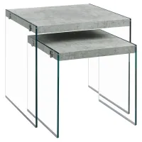 Monarch Contemporary 2 Piece Tempered Glass Frame Accent Side Nesting Table Set - Grey Cement-Look Top Finish(m-1)