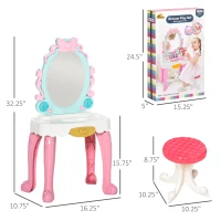 Qaba Kids Vanity Makeup Table Set with Chair and 20-Piece Collection, Princess Vanity Table and Stool with Mirror Lights, Imaginative Toy for 3-4 Years Old(m-3)