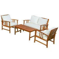 Outsunny 4 Piece Solid Acacia Wood Conversation Set Outdoor Patio Furniture Chat Set w/ Armchairs, Loveseat, Center Coffee Table & Cushions Teak/Cream(m-1)