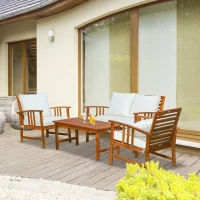 Outsunny 4 Piece Solid Acacia Wood Conversation Set Outdoor Patio Furniture Chat Set w/ Armchairs, Loveseat, Center Coffee Table & Cushions Teak/Cream(m-2)