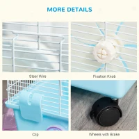 PawHut Hamster Cage, Gerbil Haven, Multi-storey Rodent House, Small Animal Habitats, Large Hide-out, w/ Water Bottle, Tubes, Exercise Wheel, Food Dish, Ramp, Shower Room, Light Blue(m-7)
