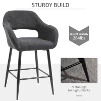 HOMCOM Counter Height Bar Stool Linen Fabric Upholstered Barstool Kitchen Breaskfast Chair with Footrest & Metal Legs, Dark Grey(m-6)