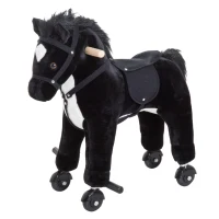 Qaba Kids Interactive Plush Mechanical Walking Ride On Horse Toy with Wheels - Black(m-3)