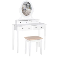 HOMCOM Vanity Dressing Table with 360° Rotating Mirror and Cushioned Stool, Makeup Desk Dresser with 4 Drawers, White(m-2)