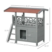 PawHut Wooden Cat House, 2-Floor Feral Cat Shelter, Kitten Condo Outdoor, Small Dog House with Balcony, Stairs, Asphalt Roof, Gray(m-3)