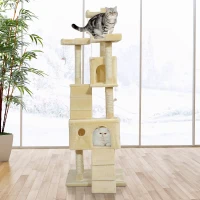 PawHut 71in Deluxe Multi-Level Scratching Cat Tree Play House with Two Condos and Toys Beige(m-1)