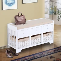 HOMCOM 3-Cube Wood Storage Bench w/ Cushion Entryway Organizer Seat with Wicker Basket and Drawer White(m-1)