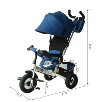 Qaba 4-in-1 Baby Tricycle & Stroller Kids Trike w/ Pushbar & Canopy Toddler Blue(m-3)