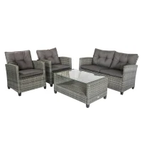 Outsunny 4 Pieces Patio Furniture Sets with Cushions, PE Rattan Wicker Conversation Chairs with Two-Tier Coffee Table for Backyard Porch Garden Poolside and Deck, Charcoal Gray(m-9)