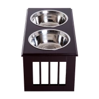 PawHut Double Bowl Wooden Stand Pet Feeder Cat Dog Puppy Twin Bowls(m-7)