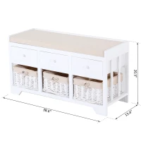 HOMCOM 3-Cube Wood Storage Bench w/ Cushion Entryway Organizer Seat with Wicker Basket and Drawer White(m-4)