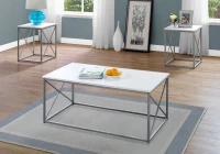 Monarch 3 Piece Modern Minimalist X Braced Laminate Top Coffee Table / Two Matching End Tables Set - White, Silver Metal(m-2)