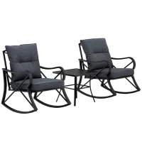 Outsunny 3-Piece Patio Bistro Set Outdoor Rocking Coffee Table Chair Set with Curved Base, Soft Cushions, Steel Frame, Black(m-8)