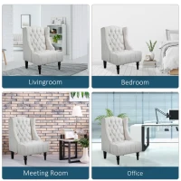 HOMCOM Linen Fabric Button Tufted Wingback Accent Chair with Thick Padded Cushioned Seats and Wooden Legs for Living Room and Bedroom, Beige(m-7)