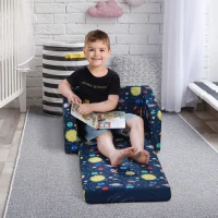 Qaba Kids Fold-Out Couch/Chair Lounger with Space-Themed Washable Fabric & Removable Cushion for 3-6 Years Old, Blue(m-9)