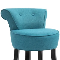 HOMCOM Upholstered Linen Vanity Stool with Curved Thick Padded Backrest, Rubberwood Legs, and Footpads, Blue(m-13)