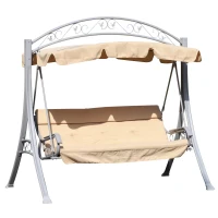 Outsunny Garden Heavy-Duty A-Frame 3 Seat Metal Swing Chair Hammock w/ Canopy Cover and Cushions Beige(m-1)