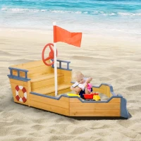 Outsunny Kids Wooden Sandbox Pirate Ship Sandboat w/ Bench Seat Storage Space Ceder Wood(m-2)