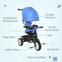 Qaba Baby Tricycle 2 In 1 Trike with Adjustable Canopy Detachable Guardrail Belt for Age 6-60 Months, Blue(m-5)