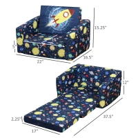 Qaba Kids Fold-Out Couch/Chair Lounger with Space-Themed Washable Fabric & Removable Cushion for 3-6 Years Old, Blue(m-3)