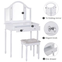 HOMCOM Luxury Wooden Vanity Table Set Makeup Table with Tri-Folding Mirror, Drawer and Padded Stool, White(m-4)