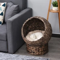 PawHut Handwoven Elevated Cat Bed with Rotating Basket and Soft Cushion, Wicker Cat Egg Chair with Stand, Brown(m-2)
