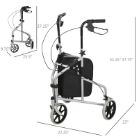 HOMCOM Steel Walker for Seniors, Three Wheel Adjustable Height Rollator with Handbrakes and Storage Bag(m-3)
