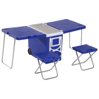 Outsunny 28L Cooler Box Folding Picnic Table Chair Set Outdoor Freezer and Foldable Table and 2 Chairs For Garden Camping Hiking Picnic Blue(m-1)