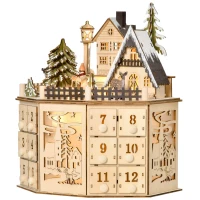 HOMCOM Christmas Advent Calendar, Light Up Table Xmas Wooden Holiday Decoration with Countdown Drawers and Village, for Kids and Adults, Natural(m-12)