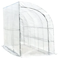 Outsunny 10' x 5' x 7' Lean to Greenhouse, Walk-In Wall Green House Plant Nursery with 2 Roll-up Doors and Window, PE Cover and 3 Wire Shelves, White(m-1)