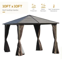 Outsunny 10' x 10' Hardtop Gazebo with Curtains and Netting, Permanent Pavilion Metal Roof Gazebo Canopy with Aluminum Frame, for Garden, Patio, Backyard, Deck, Dark Brown(m-4)