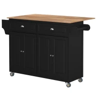 HOMCOM Rolling Kitchen Island on Wheels Ultility Cart with Drop-Leaf and Rubber Wood Countertop, Storage Drawer, Door Cabinet, Black(m-1)