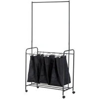 HomCom 3 Bag Heavy Duty Divided Laundry Hamper Sorter Cart With Wheels And Hanging Bar - Black(m-13)