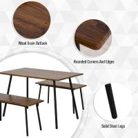HOMCOM 3 PCs Table Dining Set With 2 Matching Benches P2 Grade MDF Steel Legs Dining Room - Brown(m-4)