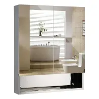 kleankin Bathroom Mirrored Cabinet, 28" x 24" Stainless Steel Frame Medicine Cabinet, Wall-Mounted Storage Organizer with Double Doors and Open Shelf, Silver(m-1)