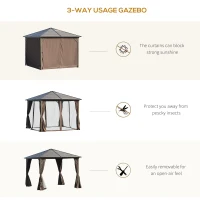 Outsunny 10' x 10' Hardtop Gazebo with Curtains and Netting, Permanent Pavilion Metal Roof Gazebo Canopy with Aluminum Frame, for Garden, Patio, Backyard, Deck, Dark Brown(m-5)