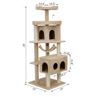 Pawhut 65.2 Inch Cat Tree Scratching Post Pet Furniture with Condo, Hammock, Toy - Beige(m-3)
