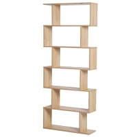 HOMCOM 75.5" H Bookcase 6 Shelf S-Shaped Bookshelf Wooden Storage Display Stand Shelf Organizer Free Standing, Oak(m-8)