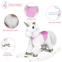 Qaba Kids Plush Toy Rocking Horse Unicorn with Realistic Sounds - White/Golden(m-4)